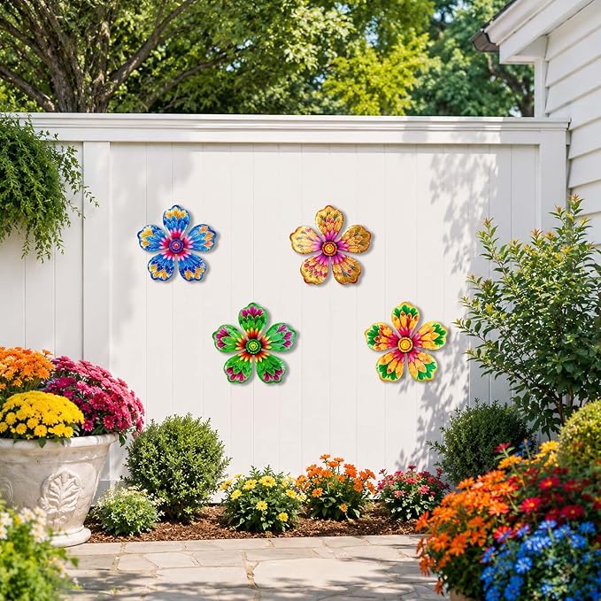 4-Pack Metal Flower Wall Decor, Outdoor Fence and Garden Art | Outdoor Wall Decor art, Easy To Hang, Ideal for outdoor fences, gardens, patios, yards and exterior walls