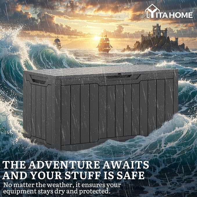 YITAHOME 100 Gallon Outdoor Storage Box | Large Water Resistant Resin Deck Box, Indoor Outdoor Lockable Storage Container for Patio, Garden, Cushions, Tools, Equipment