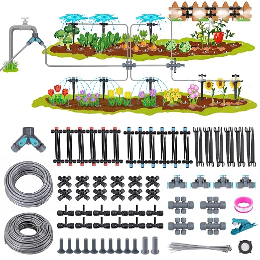 240FT Quick-Connect Drip Irrigation System Garden Watering System | 1/4" & 1/2" Fast-Lock Tubing, Adjustable Nozzles Emitters for Outdoor Raised Garden Beds,Greenhouse, Lawn, Patio