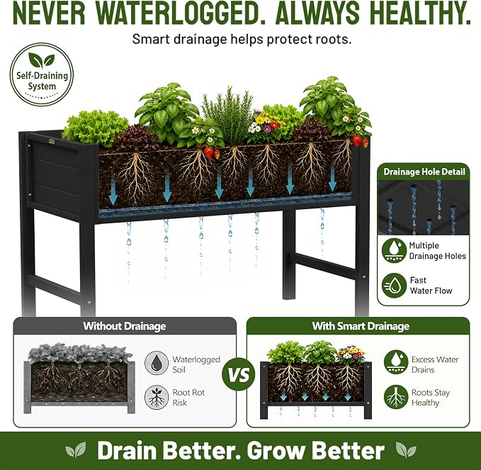 YEFU 48" Raised Garden Bed with Legs, HIPS Outdoor Garden Bed, Black | Raised Garden Bed with Legs for Patios & Decks, 30" Height, Wood-Look HIPS, Drainage, 385 lbs Support for Vegetables & Herbs