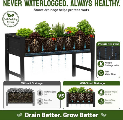 YEFU 48" Raised Garden Bed with Legs, HIPS Outdoor Garden Bed, Black | Raised Garden Bed with Legs for Patios & Decks, 30" Height, Wood-Look HIPS, Drainage, 385 lbs Support for Vegetables & Herbs