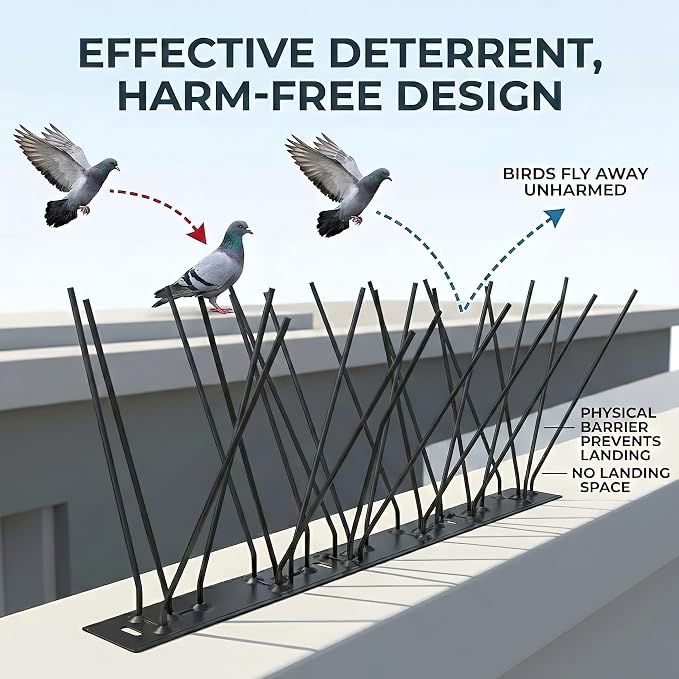 Stainless Steel Bird Spikes for Pigeons,Pre-Assembled,Anti Bird Deterrent Spikes for Woodpeckers, Squirrels, Raccoons，Weatherproof Fence Spikes for Roof, Railing,Patio, Black, 24.6 Feet