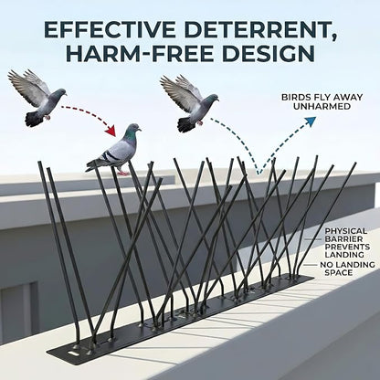 Stainless Steel Bird Spikes for Pigeons,Pre-Assembled,Anti Bird Deterrent Spikes for Woodpeckers, Squirrels, Raccoons，Weatherproof Fence Spikes for Roof, Railing,Patio, Black, 24.6 Feet