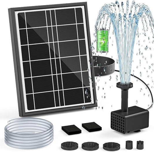 Solar Bird Bath Fountain Pump, 4W Solar Water Pump with 2000mAh Battery Backup, 5 Spray Modes & 4Ft PVC Tubing, Solar Powered Fountain for Bird Bath, Garden Pond and Outdoor Water Feature