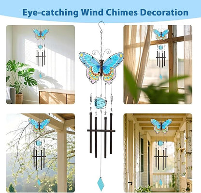 MUMTOP Butterfly Wind Chimes for Outside, Stained Glass Wind Chime Windchimes for Patio, Outdoor,Garden,Yard,Coastal,Window,Home Decor or Gifts for Women(Colorful)