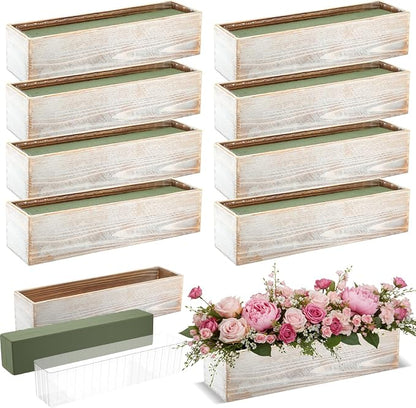 Sintuff 8 Set Rectangle Wooden Planters, 17 x 4 Inch Wood Boxes with Removable Plastic Liner & Floral Foam Blocks, Rustic Wood Planter for DIY Centerpieces Home Wedding Garden Bookshelf Decor