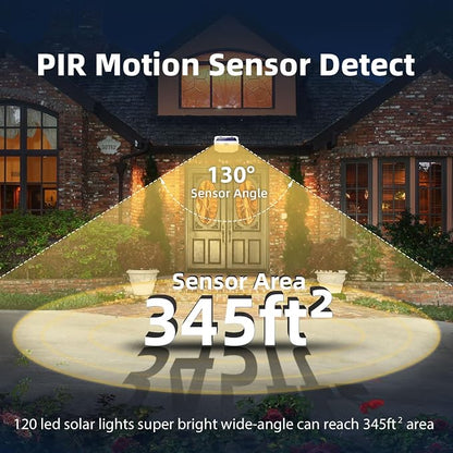 HMCITY 120 LED Solar Lights Outdoor with Motion Sensor and 3 Lighting Modes, IP65 Waterproof Wide Solar Wall Lights Ideal for Garden Patio Yard (Front Button 8Packs, White Shell-Warm White)