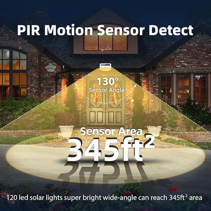 HMCITY 120 LED Solar Lights Outdoor with Motion Sensor and 3 Lighting Modes, IP65 Waterproof Wide Solar Wall Lights Ideal for Garden Patio Yard (Front Button 2Packs, White Shell-Warm White)
