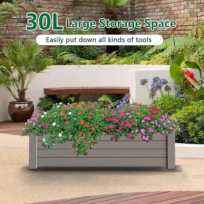 PatioZen Raised Garden Bed, 21 Gallon Self-Watering Outdoor Raised Planter Box with Drainage Plug and Gauge for Vegetables, Flowers and Herbs, Durable Rustproof Resin for Backyard Patio Porch (Grey)