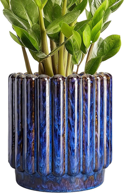 Ceramicfor Ceramic Plant Pots, 7.6 Inch, Blue | Drainage Hole, Fluted Round Design, Indoor & Outdoor Use, Modern Style