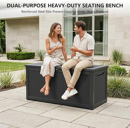 Outdoor Storage Box, 320 Gallon Waterproof Deck Box [Upgraded 3.0], Dual Gas-Spring Ultimate Resin Organizer for King Cushions, Heavy-Duty Lockable Estate Storage Bench, Backyard BBQ, Black