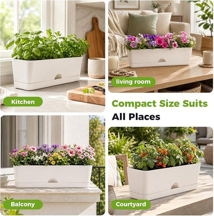 6 Pack Rectangle Planter 16x4.4 Inch Window Boxes Planters Rectangular Window Sill Planters Indoor Self Watering Plant Pots with Drainage Holes and Saucers Succulent Herb Flower Pots, Light Grey