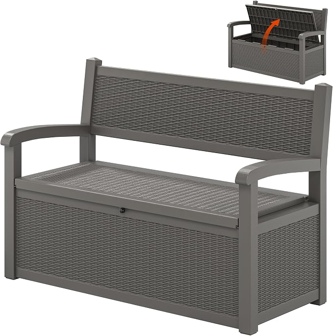 LHBcraft 70 Gallon Outdoor Storage Bench Deck Box Lockable for Patio Furniture, Outdoor Porch Bench with Storage Waterproof for Cushions, Garden Tools and Pool Supplies, Grey
