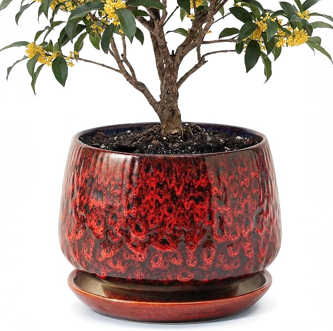 10.3 Inch Ceramic Planter with Saucer,Modern Garden Pots with Drainage Hole Mesh Net, for Indoor Outdoor Use (Speckle Red)