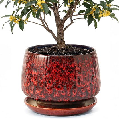 10.3 Inch Ceramic Planter with Saucer,Modern Garden Pots with Drainage Hole Mesh Net, for Indoor Outdoor Use (Speckle Red)