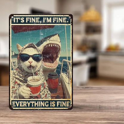 Cat Office Decor Metal Sign Shark Cat Decor Retro Tin Sign Shark Posters Funny Animal Wall Art for Office Man Cave Bar 12 * 8inch
