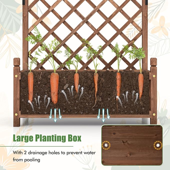 HAPPYGRILL Raised Garden Bed with Trellis, Large Planting Box w/Drainage Holes, 60” Wooden Garden Planter w/Diamond Lattice Trellis for Climbing Plants, Outdoor Planter Box for Patio (2, Coffee)