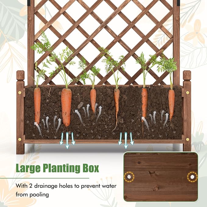 HAPPYGRILL Raised Garden Bed with Trellis, Large Planting Box with Drainage Holes, 60” Wooden Garden Planter w/Diamond Lattice Trellis for Climbing Plants, Outdoor Planter Box for Patio Balcony (1)