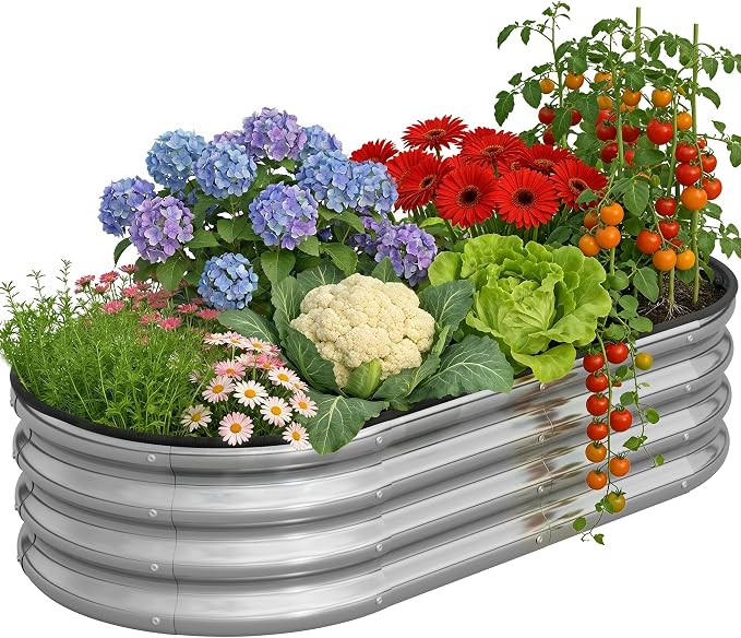 Metal Raised Garden Bed Kit, 4×2×1ft Outdoor Planter Boxes with Easy Assembly, Oval Large Galvanized Gardening Raised Bed for Vegetables, Fruits, Flower Silver