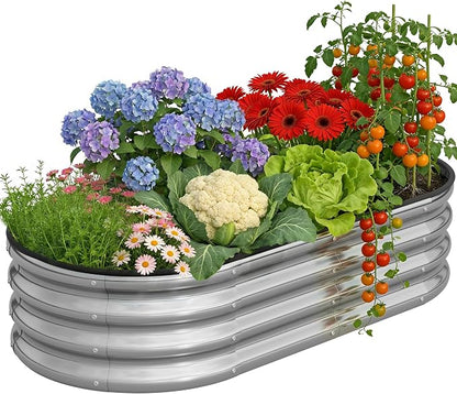 Metal Raised Garden Bed Kit, 4×2×1ft Outdoor Planter Boxes with Easy Assembly, Oval Large Galvanized Gardening Raised Bed for Vegetables, Fruits, Flower Silver