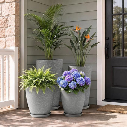 ZMTECH 4 Pack Plastic Planters 21/18/12/10in, Indoor Outdoor Round Planter for Porch, Large Plant Pot with Drainage Hole for Home Garden Front Door, Modern Decorative Pots for Plants (Light Gray)