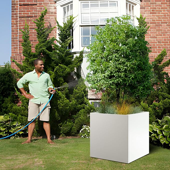 White Steel Planter Square Outdoor Planters Galvanized Steel Planter Box Indoor 32 Inch Metal Large Planters Cube Heavy Duty Flower Pot Modern Commercial Residential for Trees Patio Yard Garden