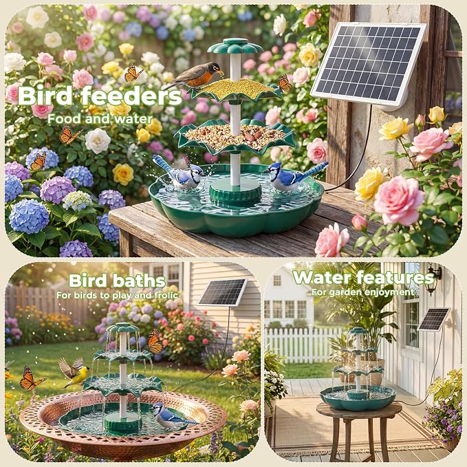 AISITIN 6.5W Solar Bird Bath Fountain, 3-Tiered Waterfall, DIY Detachable Solar Fountain Pump & Adjustable Panel, Lightweight Resin Plastic for Garden, Outdoor Bird Feeder, Pond Decor