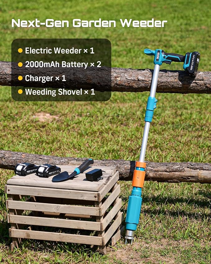 Seesii Electric Stand Up Weed Puller Tool with 2 x 2000mAh Batteries | 20V Battery Powered, Adjustable Handle, 3-Claw Steel Head, Dandelion Remover & Crabgrass Puller for Garden Lawn Yard