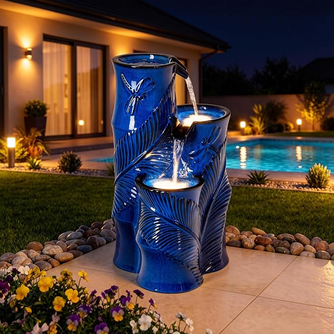 Autodaya 25.5" Ceramic Outdoor Water Fountain with LED Lights, Bamboo-Style | Unique Cobalt Blue Natural Leaf Dragonfly Texture Water Feature, 3-Tier Cascading Waterfall for Garden Patio Yard Relax Oasis