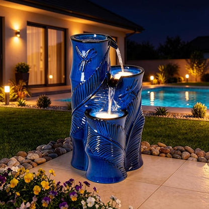 Autodaya 25.5" Ceramic Outdoor Water Fountain with LED Lights, Bamboo-Style | Unique Cobalt Blue Natural Leaf Dragonfly Texture Water Feature, 3-Tier Cascading Waterfall for Garden Patio Yard Relax Oasis
