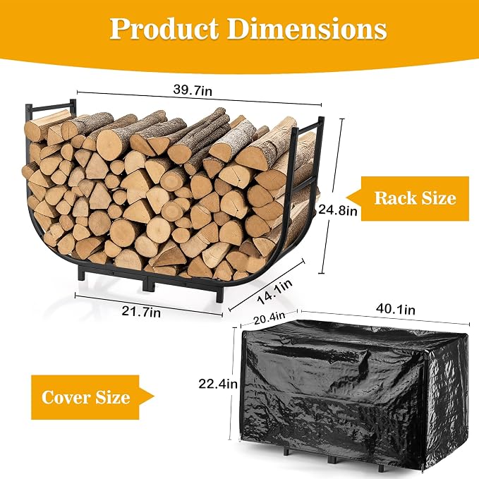 facka 40 Inch Firewood Rack Outdoor with Cover, Metal Wood Rack | Iron Fire Log Stacker Holder for Fireplace, Patio, Porch, Yard, Garden, Indoor Outdoor Wood Storage