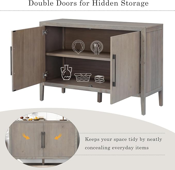 Merax Wood Farmhouse Buffet Sideboard with Metal Handles and 2 Doors, Coffee Bar Storge Cabinet Console Table for Living Room Bedroom Kitchen Hallway, Gray