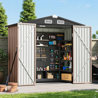 6x4FT Outdoor Storage Shed Brown | Metal Garden Tool Shed with Sloping Roof & Lockable Door for Garden, Patio, Backyard