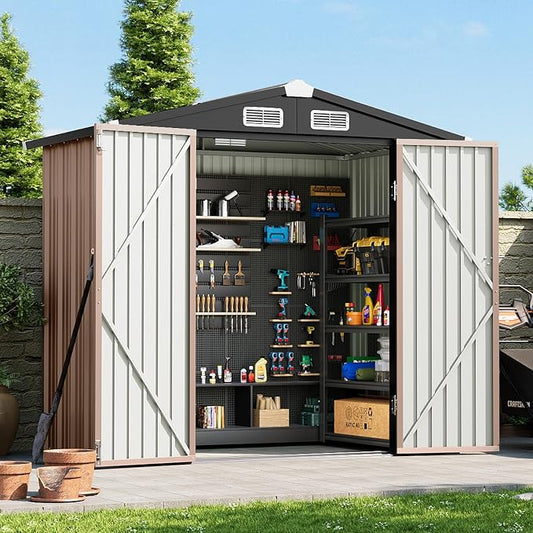 6x4FT Outdoor Storage Shed Brown | Metal Garden Tool Shed with Sloping Roof & Lockable Door for Garden, Patio, Backyard