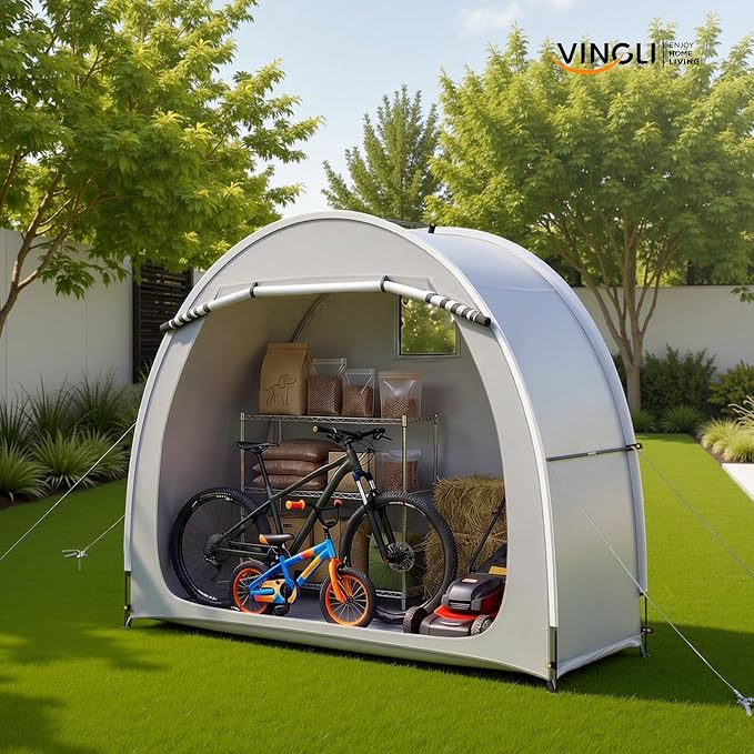 VINGLI Bike Storage Shed Tent for 2-3 Bikes, Outdoor Portable Bicycle Storage Shed with Carry Bag, Waterproof Bike Tent for Motorcycle, Garden Tools, Lawn Mower, Light Gray