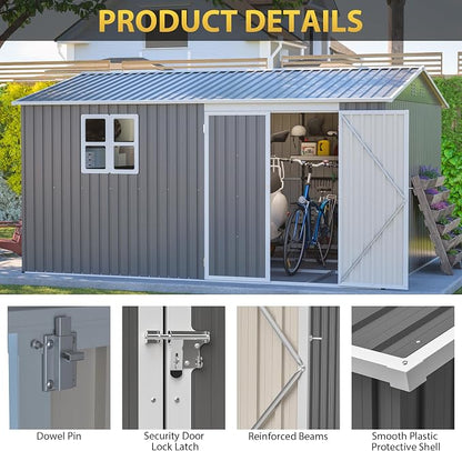 YOPTO 12x10 FT Outdoor Storage Shed, Large Metal Garden Tool Shed with Updated Frame Structure,Lockable Doors and Window,Ideal for Backyard Garden Patio Lawn, Grey