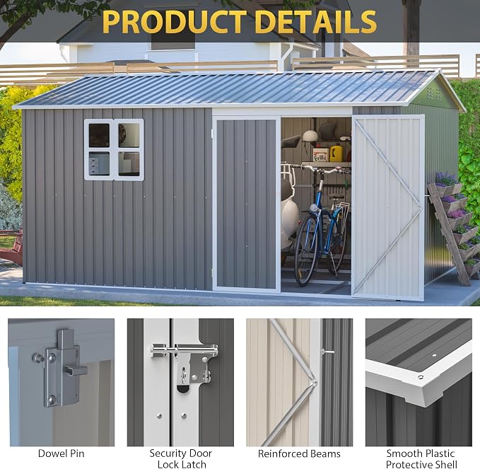 PVWIIK 12x10 FT Metal Outdoor Storage Shed with Floor Frame, Heavy Duty Waterproof Steel Garden Tool Shed with Lockable Doors, Utility Storage Building for Backyard Patio Lawn Garden, Grey