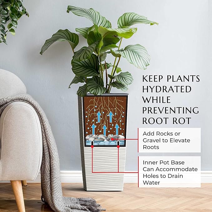 Mueller Janska M-Resin Heavy Duty Tall Planter, Indoor/Outdoor Grande Plant, Tree, Flower Pot, 2-Piece Set, 27.5”, Modern Design, Built-in Drainage, Beige