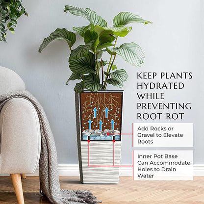 Mueller Janska M-Resin Heavy Duty Tall Planter, Indoor/Outdoor Grande Plant, Tree, Flower Pot, 2-Piece Set, 27.5”, Modern Design, Built-in Drainage, Beige