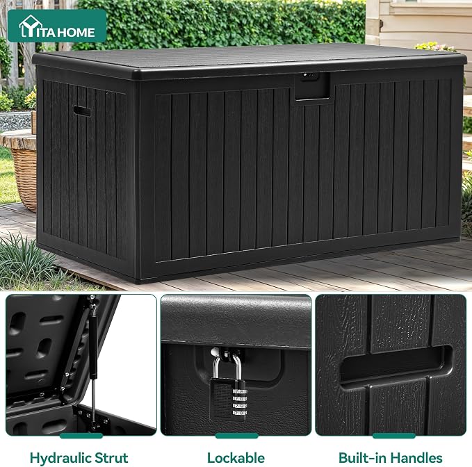 YITAHOME 260 Gallon Large Deck Box with Divider & Side Handles | Outdoor Double-Wall Storage for Patio Furniture Cushions, Garden Pool Accessories, Water Resistant & Lockable, Black