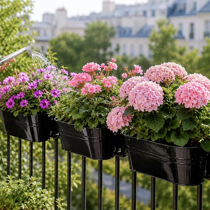 KINGLAKE Flower Pots,10 Pcs Metal Iron Hanging Flower Plant Pot Balcony Garden Plant Planter Baskets Fence Bucket Pots 10.6" & 5.1" Flower Holders with Detachable Hook Black