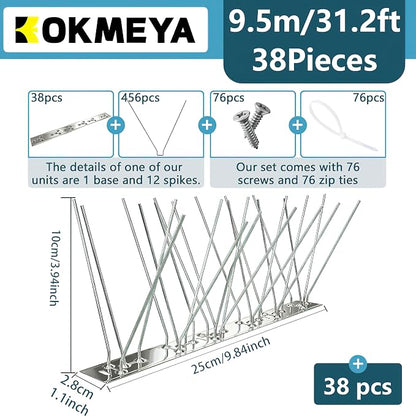 Bird Spikes 31FT, 304 Stainless Steel Bird Deterrents Spikes for Outside to Keep Birds Away Birds Scare Devices Outdoor 38Pcs