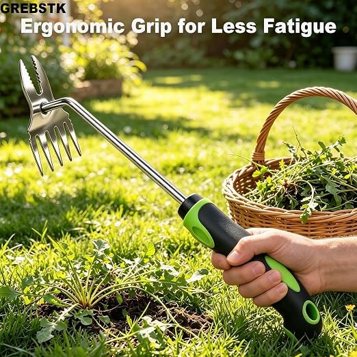 GREBSTK Deep Root Weed Puller, Stainless Steel Heavy Duty 5+2 Tooth | 5-Tooth Surface & 2-Tooth Root Claws, Rustproof Steel, Non-Slip Grip, for Dandelion, Thistle, Crabgrass in Lawns & Beds