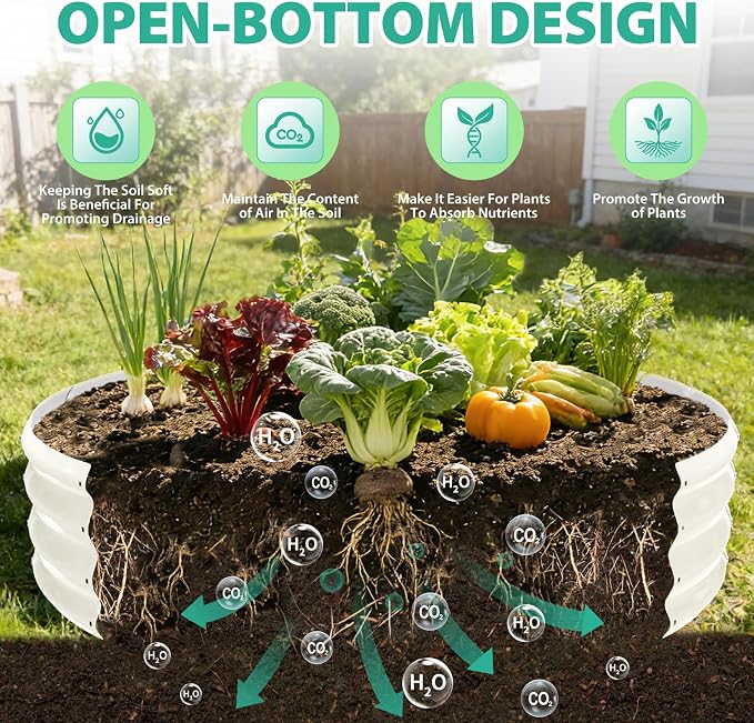 12 Inch Tall 60 Inch Diameter Round White Raised Garden Bed Kits Outdoor | 1 FT Tall,5 FT Planter Bed for Flowers,Herbs,Vegetables,Trees,0.8MM Thick Galvanized Metal Painted,with Gloves,Tool free