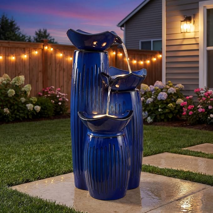 30" H Ceramic Outdoor Water Fountain with Lights, 3-Tier Lotus Bowls | Minimalist Geometirc Water Feature, Cobalt Blue Glaze, Fluted Texture, Cascading Waterfall for Relaxing Garden Patio Yard