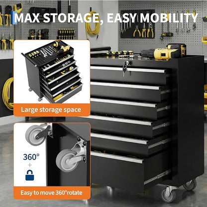 IDEALHOUSE Rolling Tool Chest, 6 Drawers Tool Storage Cabinet, Toolbox with Wheels, Portable Tool Cabinet Organizer with Locking System & Drawer Liners, Tool Storage Cart for Garage, Workshop, Black