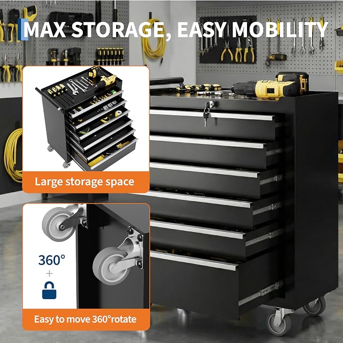 Rolling Tool Chest with Wheels, 6 Drawer Tool Storage Cabinet, Portable Toolbox Organizer with Lock, Heavy Duty Tool Chest Cart for Garage, Mechanic, Workshop, Shop, Mobile Tool Organizer, Black