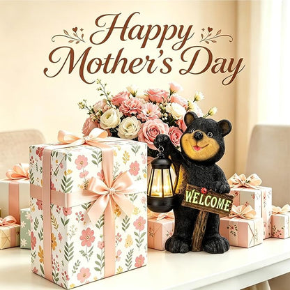 Juegoal Garden Bear Statue with Solar LED Lantern, Luminous Welcome Sign, Gifts for Mom Yard Art, Whimsical Figurine Large Sculpture Lighted Outdoor Mother's Day Spring Decorations for Lawn, Porch