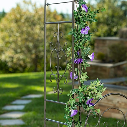 Plow & Hearth Arch Metal Outdoor Garden Arbor, 84 inches Tall, Iron Trellis Lattice for Climbing Plants, Wedding Arch, Outdoor Patio Décor (Montebello-Gunmetal with Gate)