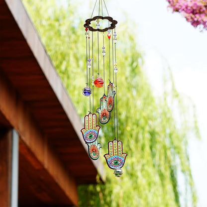 YU FENG 15 Inch Evil Eye Hamsa Wind Chimes, Outdoor Hanging Decor | Chakra Glass Beaded Design, Metal Windchime Ornament, Garden Patio Window Decoration, Spiritual Home Accent